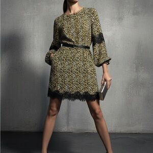 Gold Hawk Leopard Print Dress with Black Lace Trim